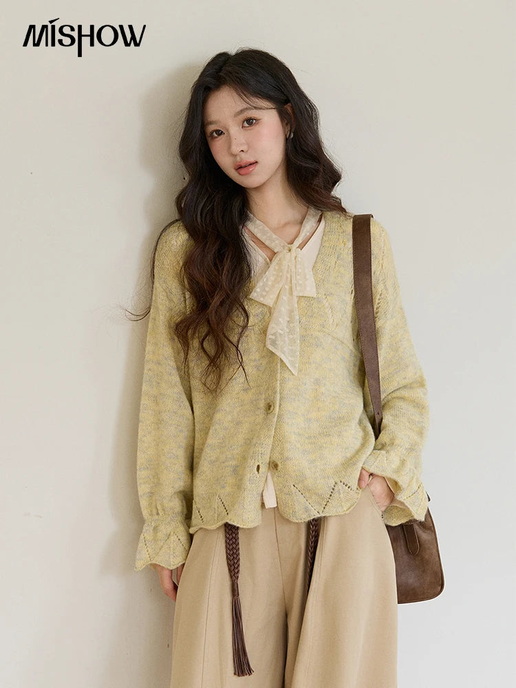 MISHOW Women's Marled Yellow Mohair Knit Cardigan 2026 Spring V-Neck Flare Sleeve Cardigans Casual Loose Sweater MXF108Z1021