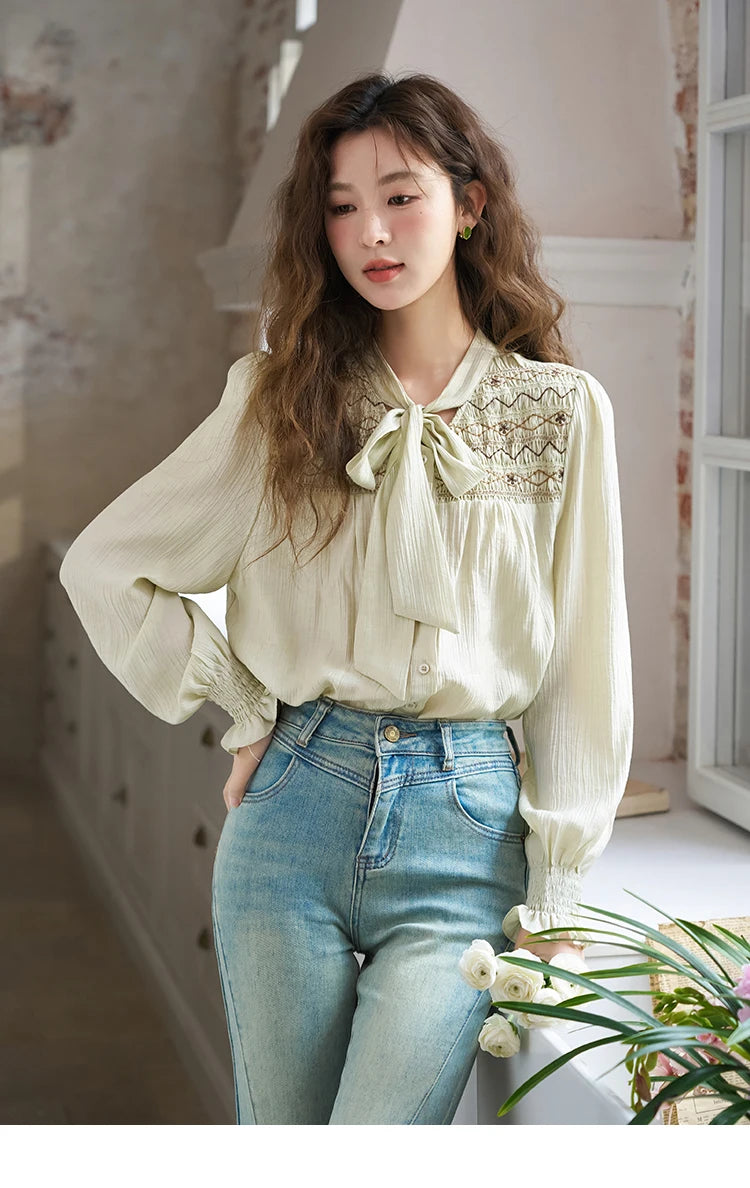 MISHOW Ribbon Collar Shirt for Women Autumn 2025 Sweet Cuffs Pleated Embroidered Petal Sleeve Loose Top Office Lady MXD14C0226