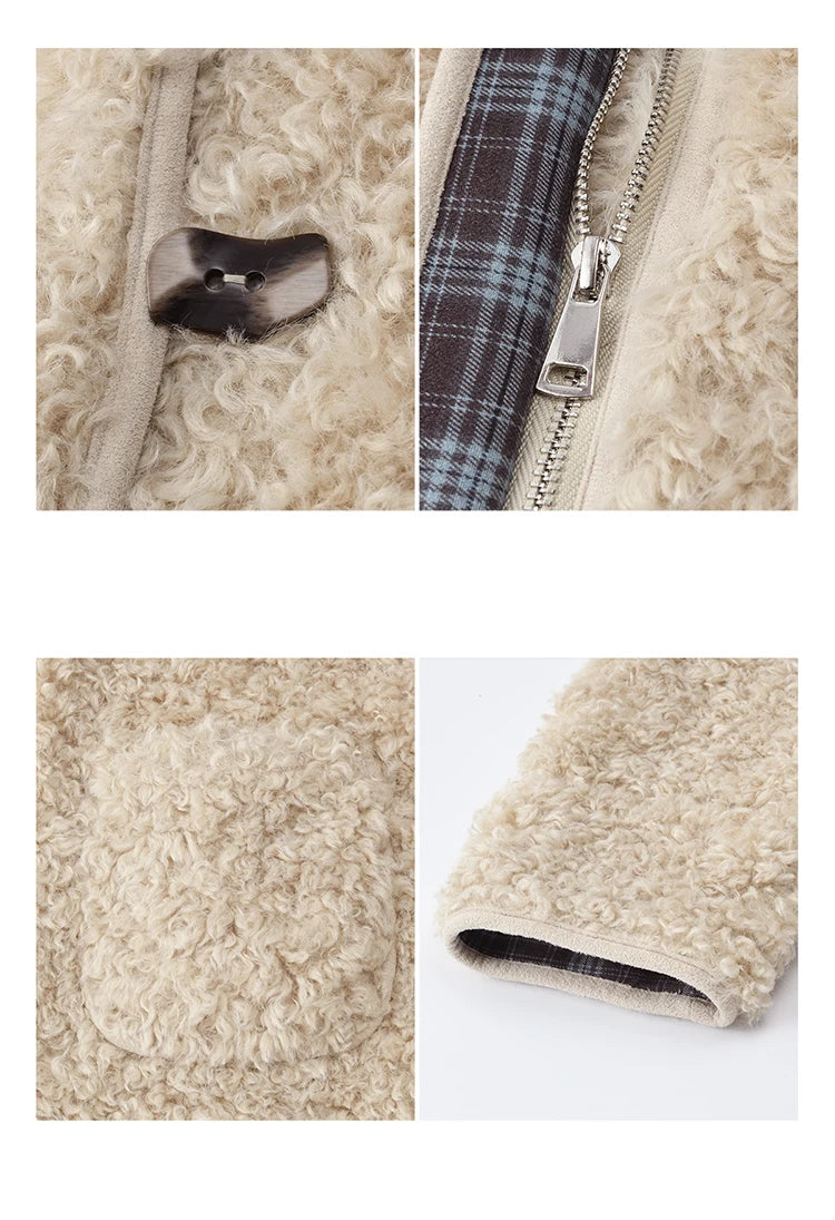 MISHOW Plaid Patchwork Curly Lambswool Coat Winter 2025 Women's Fashion Coat Double-Front Retro Casual Loose Jacket MXE87W0939