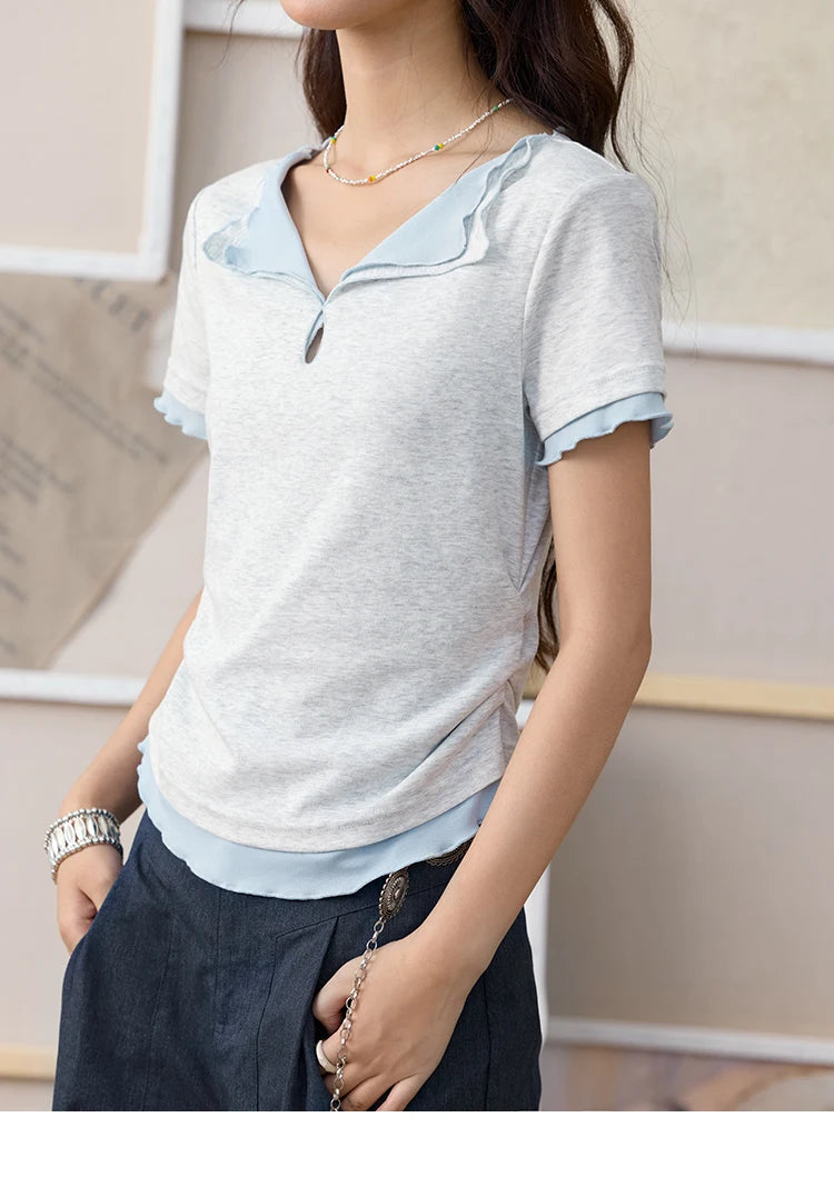 MISHOW Grey Blue Fake Two Piece Contrasting T-shirt for Women Summer 2025 Lapel Wavy Edge Slim Tees Cotton Blend Top MXE35T0567