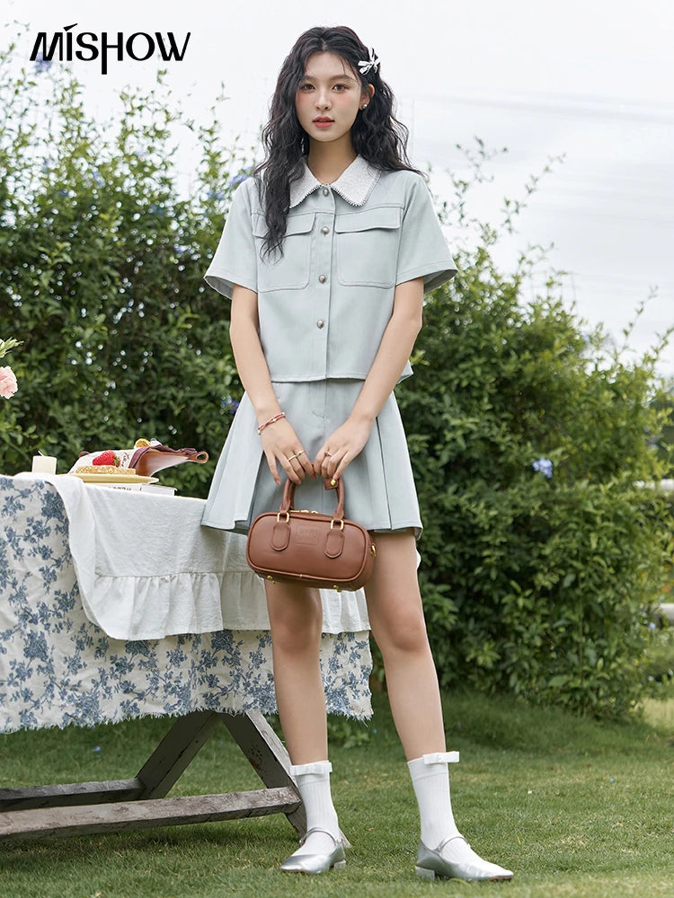 MISHOW French Fragrance Top Pleated Skirt Separately 2024 Lapel Neck Single Breasted Shirt High Waist A-line Skirts MXD24C0201