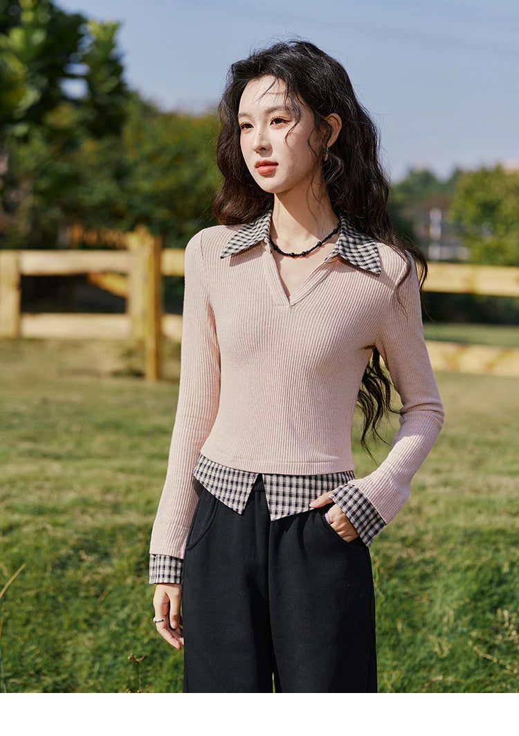 MISHOW Plaid Splicing Fake Two-piece Tops for Women Spring 2025 Contrasting Colors Slim Thin Top V-neck Casual Tees MXE13Z1108