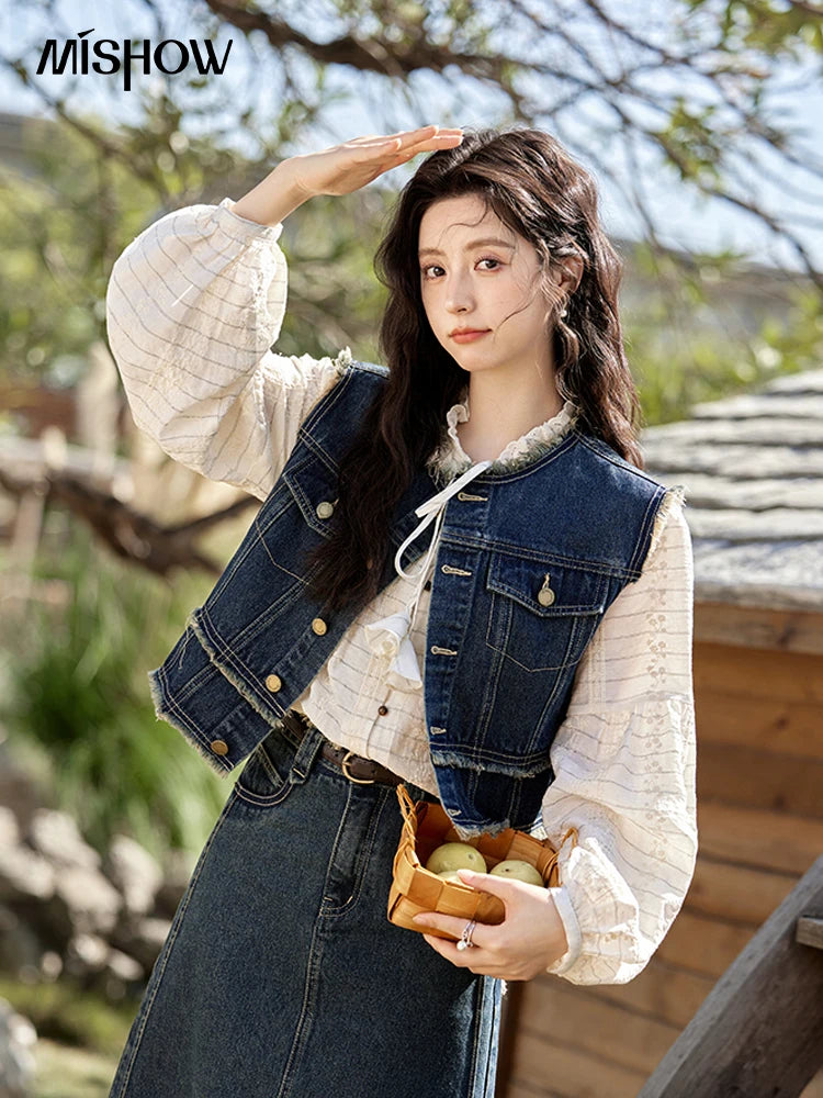 MISHOW Office Lady Spring Vest Female New Sleeveless Round Neck Raw Edge Denim Vests Women Fashion Retro Coat Woman MXE12W0710