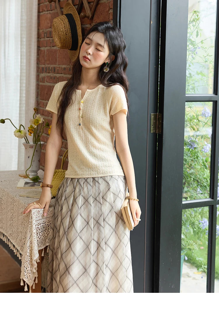 MISHOW Apricot Green Retro Plaid Skirt for Women Summer 2025 Pleated Chiffon High Waist Elegant Slim A-line Skirts MXE35B0747