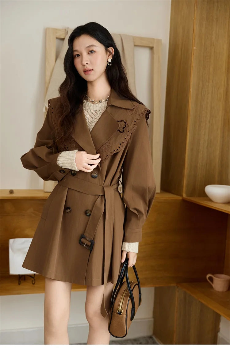 MISHOW Women's Trench Coat 2025 Autumn Hollow Embroidery Mid-length Windbreaker Double-breasted Belt Retro Jacket MXE46W0862