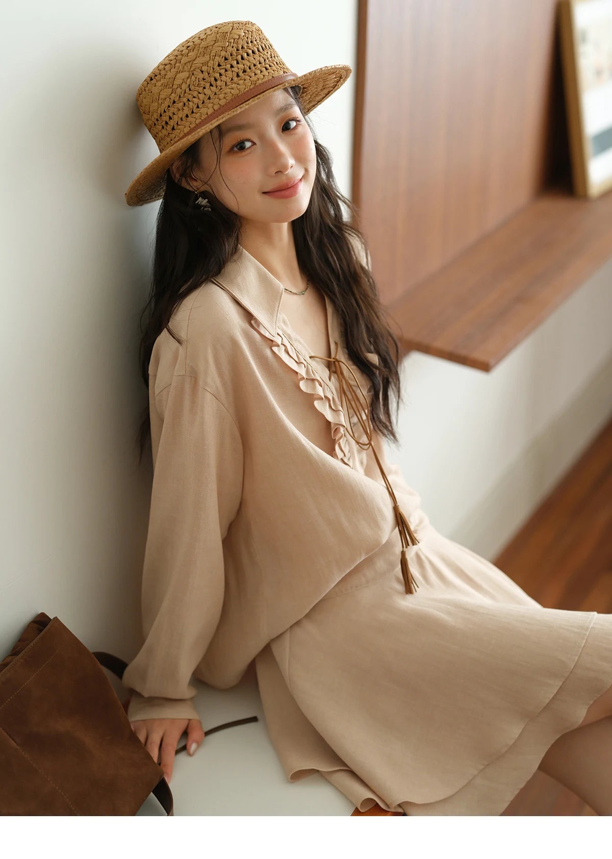 MISHOW Women's Bohemian Skirt Set Autumn Lyocell Blend V Neck Ruffle Suede Tassels Tie Top Back Elastic Waist Skirt MXE43T0727