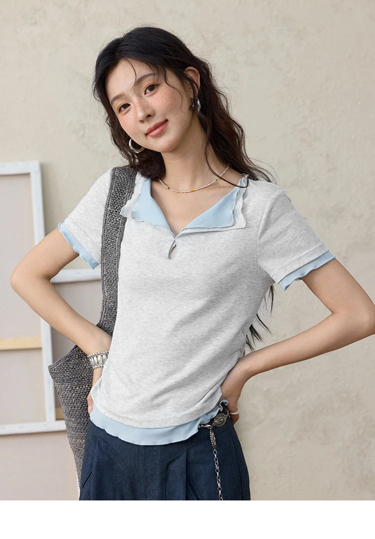 MISHOW Grey Blue Fake Two Piece Contrasting T-shirt for Women Summer 2025 Lapel Wavy Edge Slim Tees Cotton Blend Top MXE35T0567