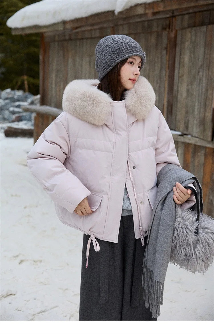 MISHOW Short Lightweight Puffer for Women 2025 Fashion Loose Long-sleeved Down Jacket Detachable Fur Collar Warm Coat MXE87Y0084
