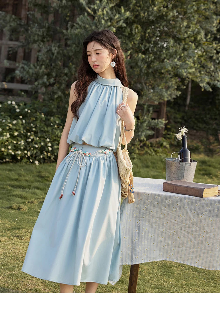 MISHOW Vacation Skirt Set Woman 2025 New Solid Halter Neck Sleeveless Short Tops Midi Loose Skirt Female with Belt MXE33T0546