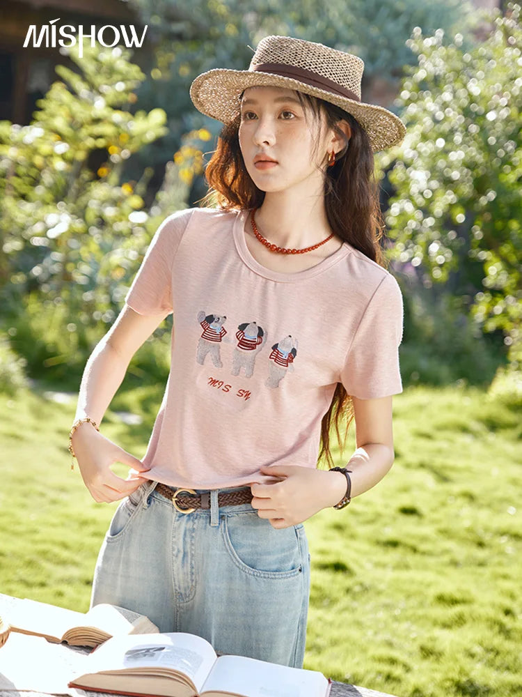 MISHOW Short Sleeve Little Bear Print T-shirt for Women 2025 Summer New O-Neck Embroidery Top Versatile Loose Tee MXE39T0699
