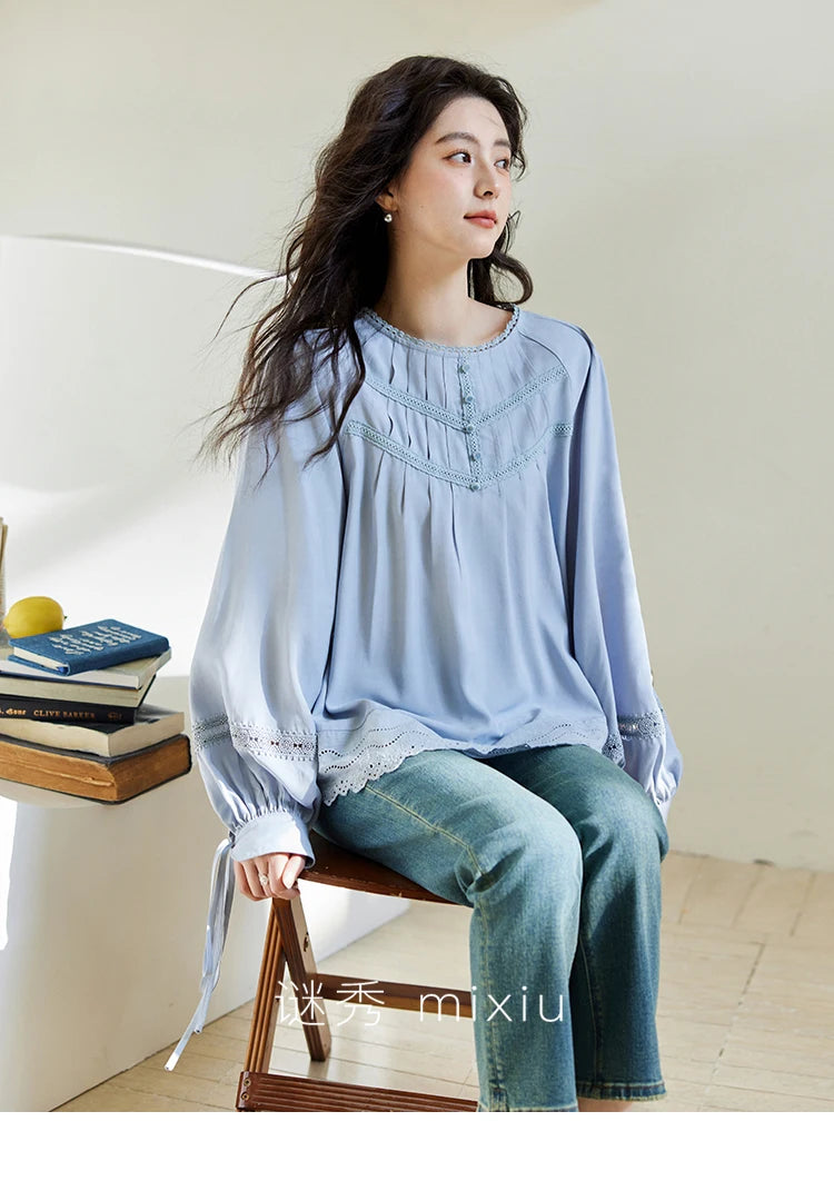 MISHOW Blue Lace Patchwork Shirt for Women 2025 Spring Sleeve Lace-up Hem Wave Edge Top Lantern Sleeve Loose Shirt MXE14X1716