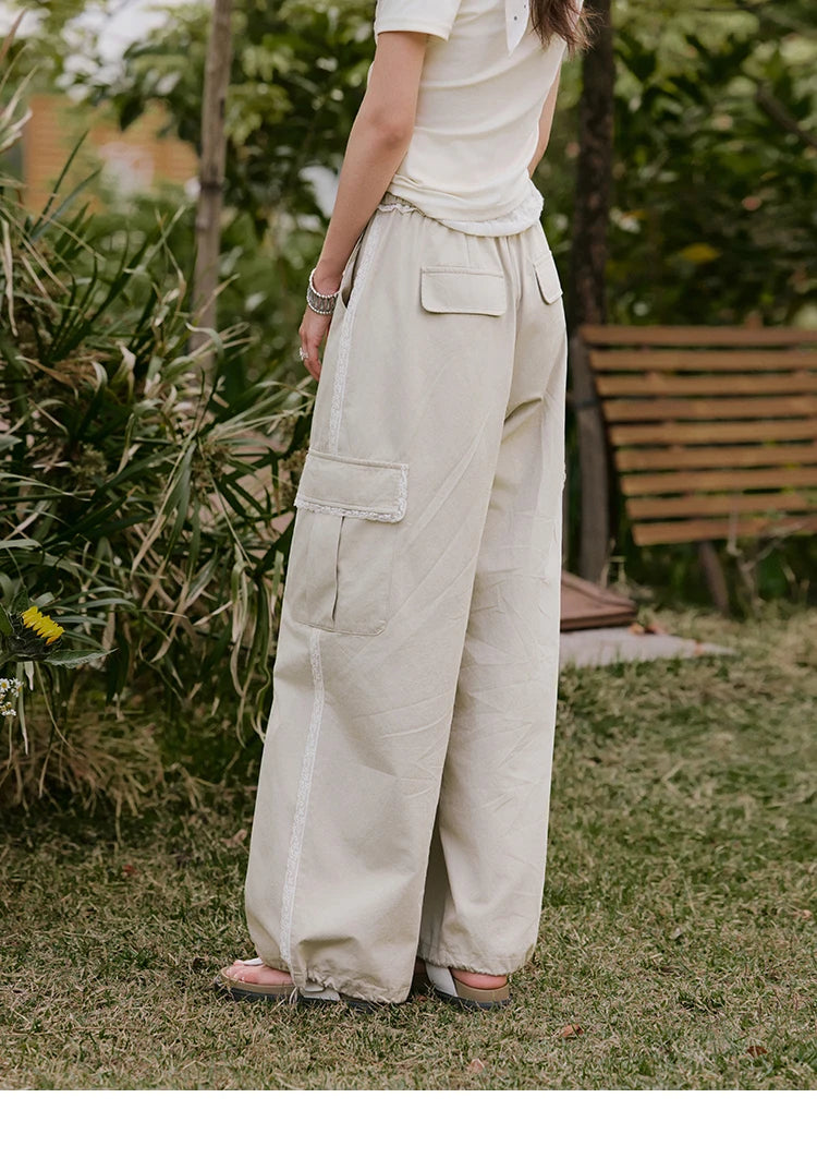 MISHOW Apricot Cargo Pants for Women in Summer 2025 Lace Patchwork Casual Pants Drawstring Elastic Waisted Trousers MXE33K0935