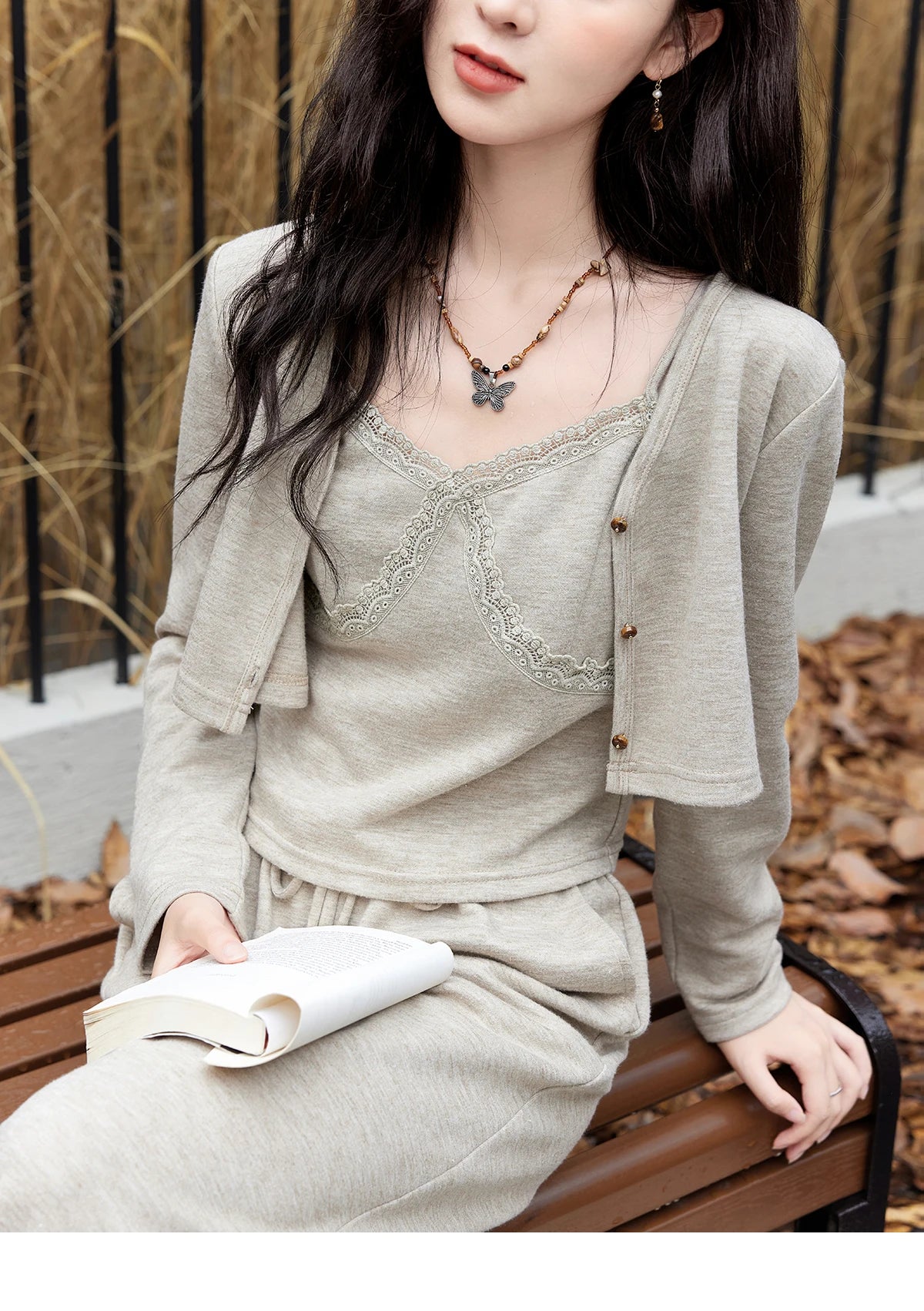 MISHOW French Women Lace Splicing Camisole Cardigan Straight Pants Separately Solid Top Elastic Waisted Pants MXD47T0405