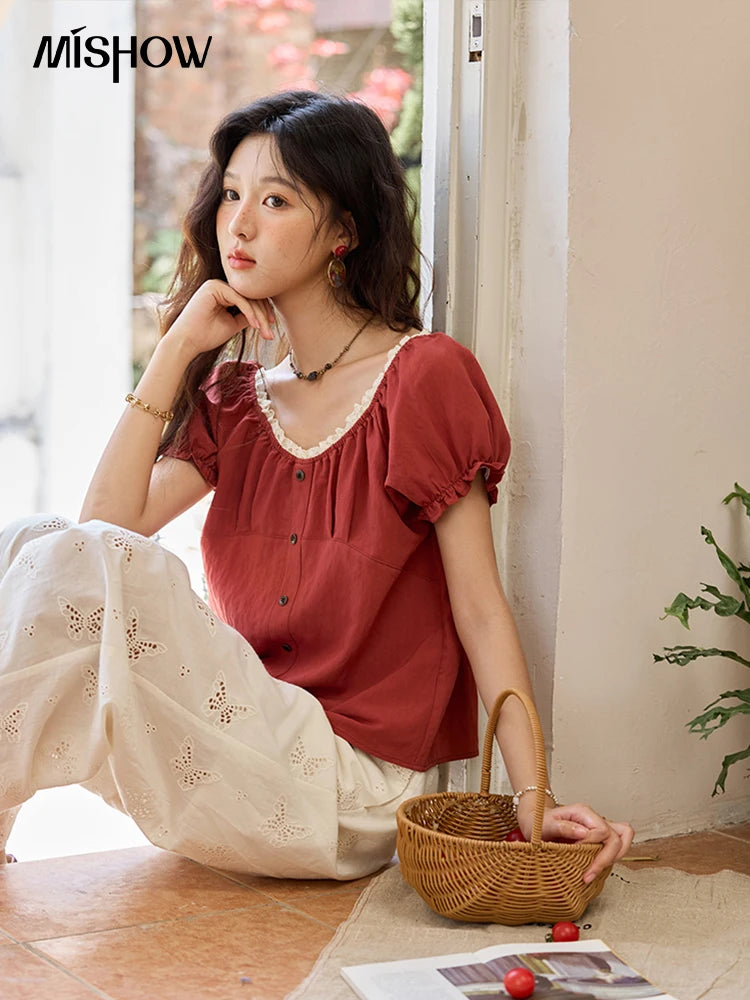 MISHOW French Summer Shirts for Women 2025 Short Puff Sleeve Lace Colla Slimming Blouses Female Sweet Fashion New MXE35X1827