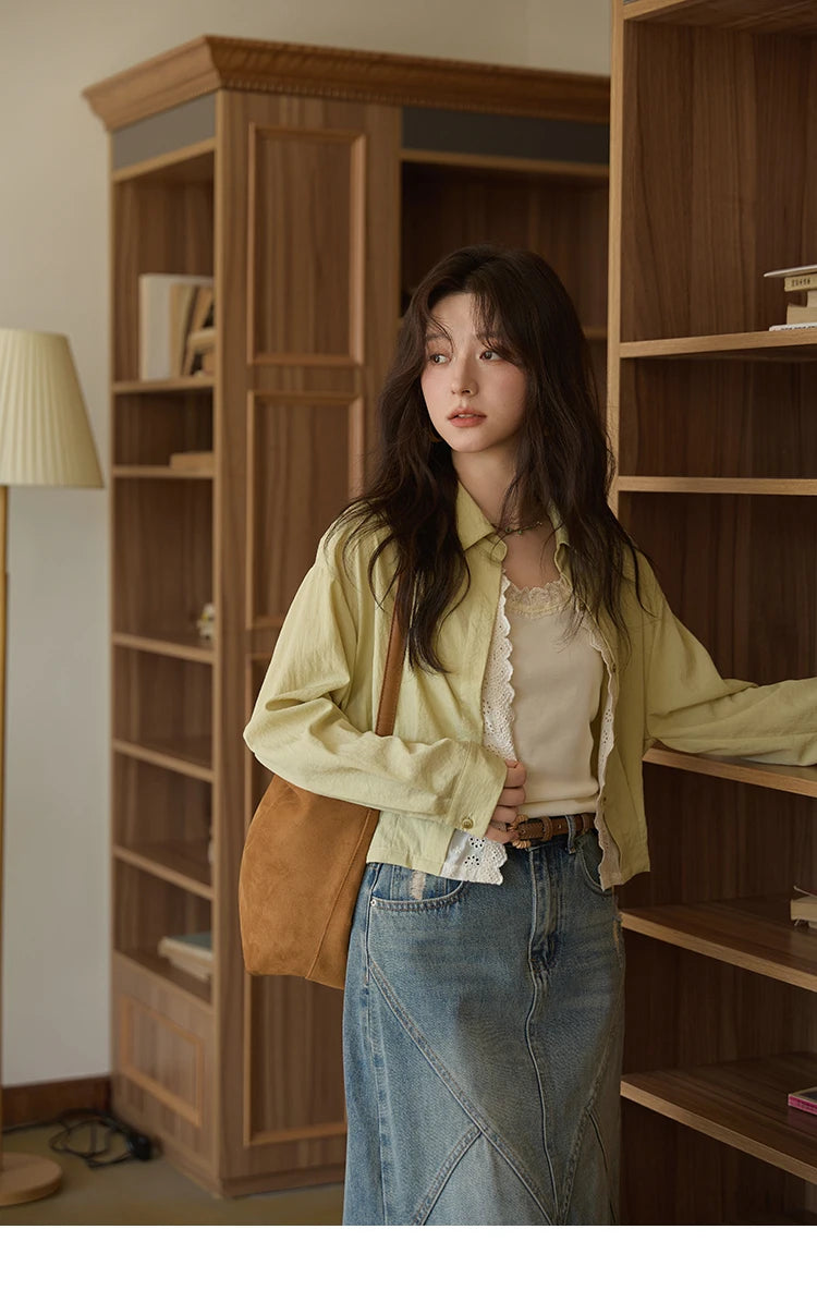 MISHOW Women's Top Green Fake Two Piece Shirt 2025 Autumn Lace Patchwork Lapel Shirts Rear Hem Elastic Short Shirt MXE41C2348