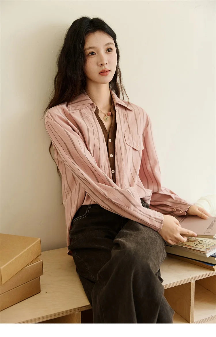 MISHOW Peach Skin Velvet Stripe Shirt for Women Autumn 2025 Double Layered Collar Contrasting Color Shirt Commute Top MXE47C2408