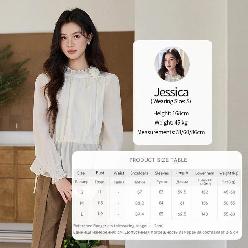 MISHOW Women's Ruffled Stand Collar Blouse 2026 Spring Flower Decor Apricot Blouses Drawstring Waist Puff Sleeve Top MXF11C2428