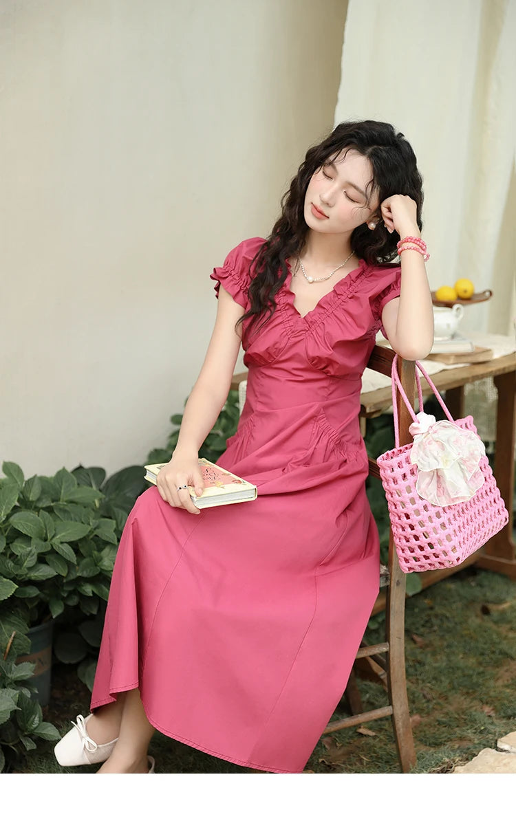 MISHOW Women's 100 Cotton Stringy Selvedge V-Neck Waist Dress 2024 Summer French Symmetric Pocket Mid Length Dresses MXD29L1934