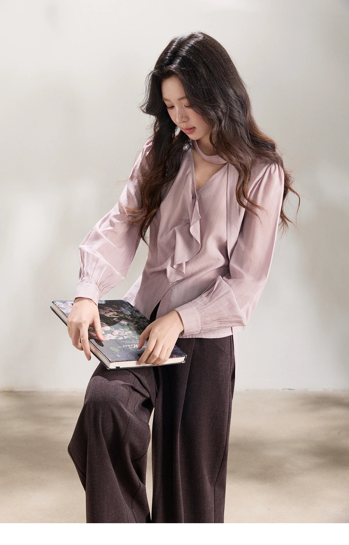 MISHOW Women's Purple Sweet Shirts 2026 Spring Ribbon V-Neck Ruffled Asymmetrical Shirt Back Lace-up Waist Casual Top MXF13X2527