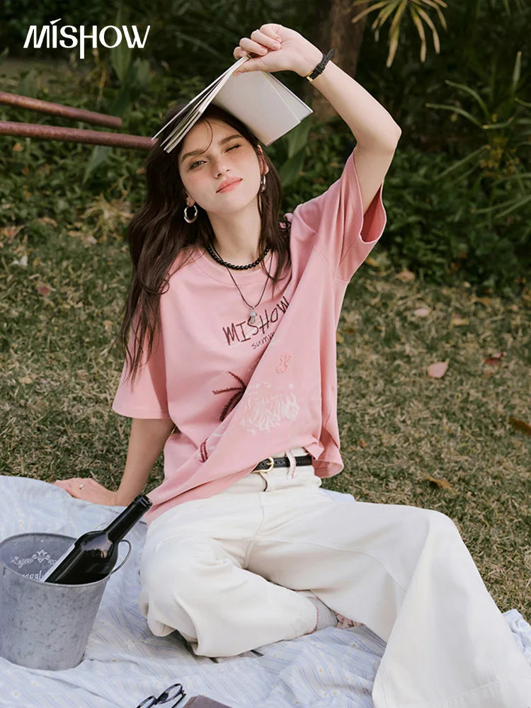 MISHOW Casual Print T-shirts Women 2025 Summer New Short Sleeve Round Neck Coconut Tree Pattern Shirt Woman Holiday MXE31T0516