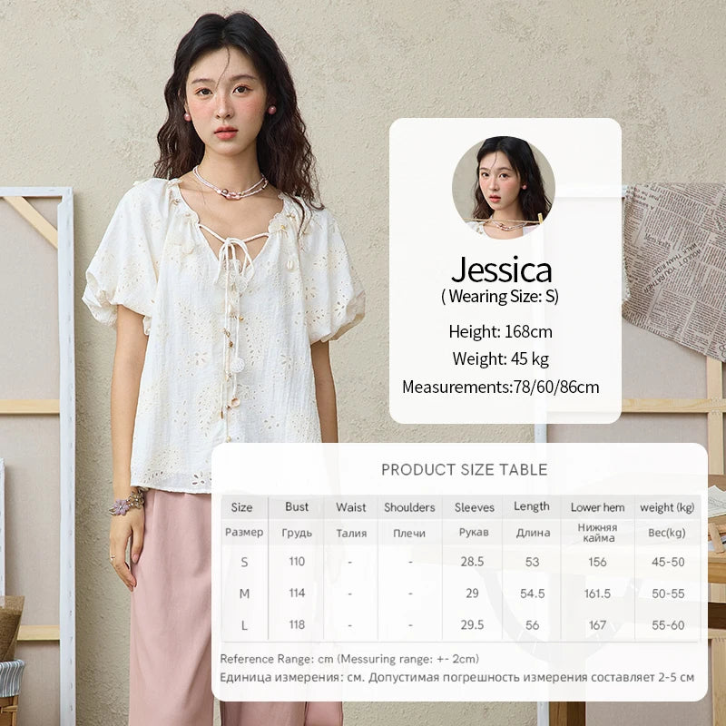 MISHOW Fashion Embroidery Jacquard Design Short Sleeve Shirt for Women 2025 Summer New V-neck Lace Up Retro Loose Top MXE35X1790