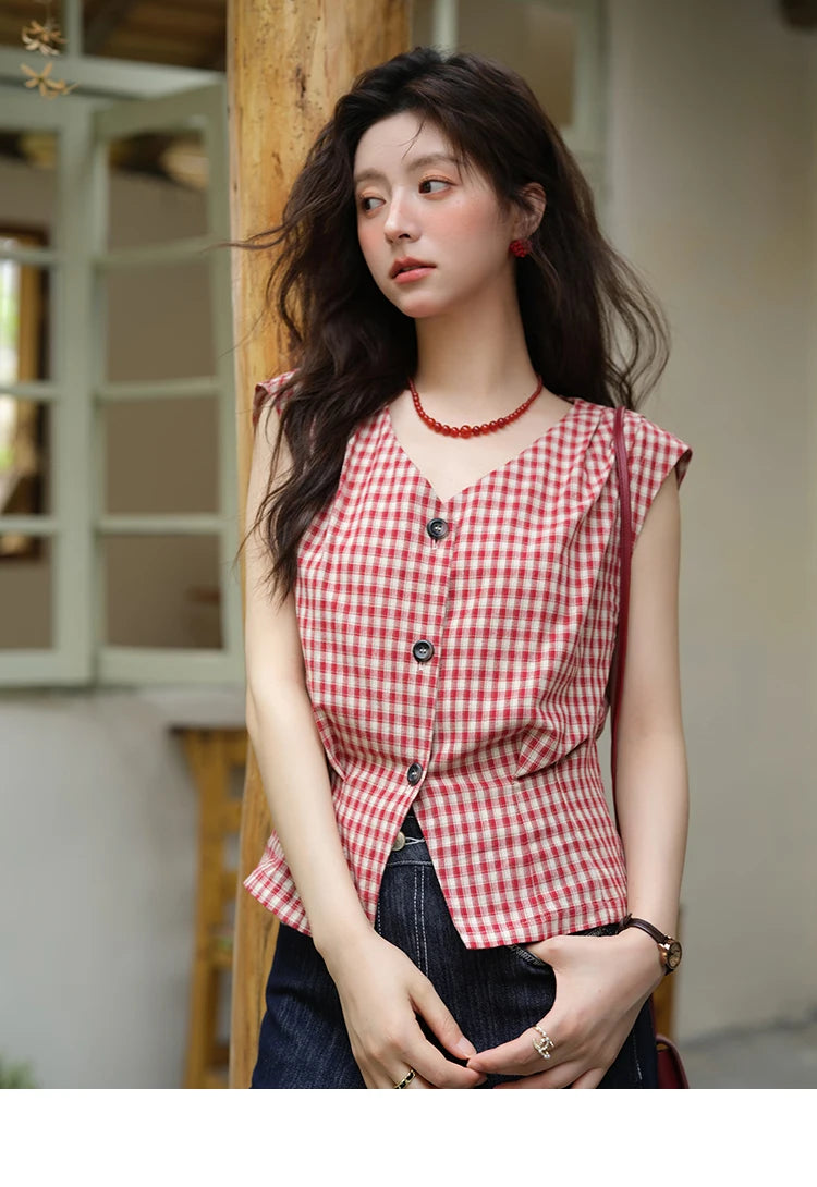 MISHOW Women's Fashion V-neck Shirt 2025 Summer New Plaid Ladies Red Button Shirt Casual Retro Top Female Clothing MXE37X1921