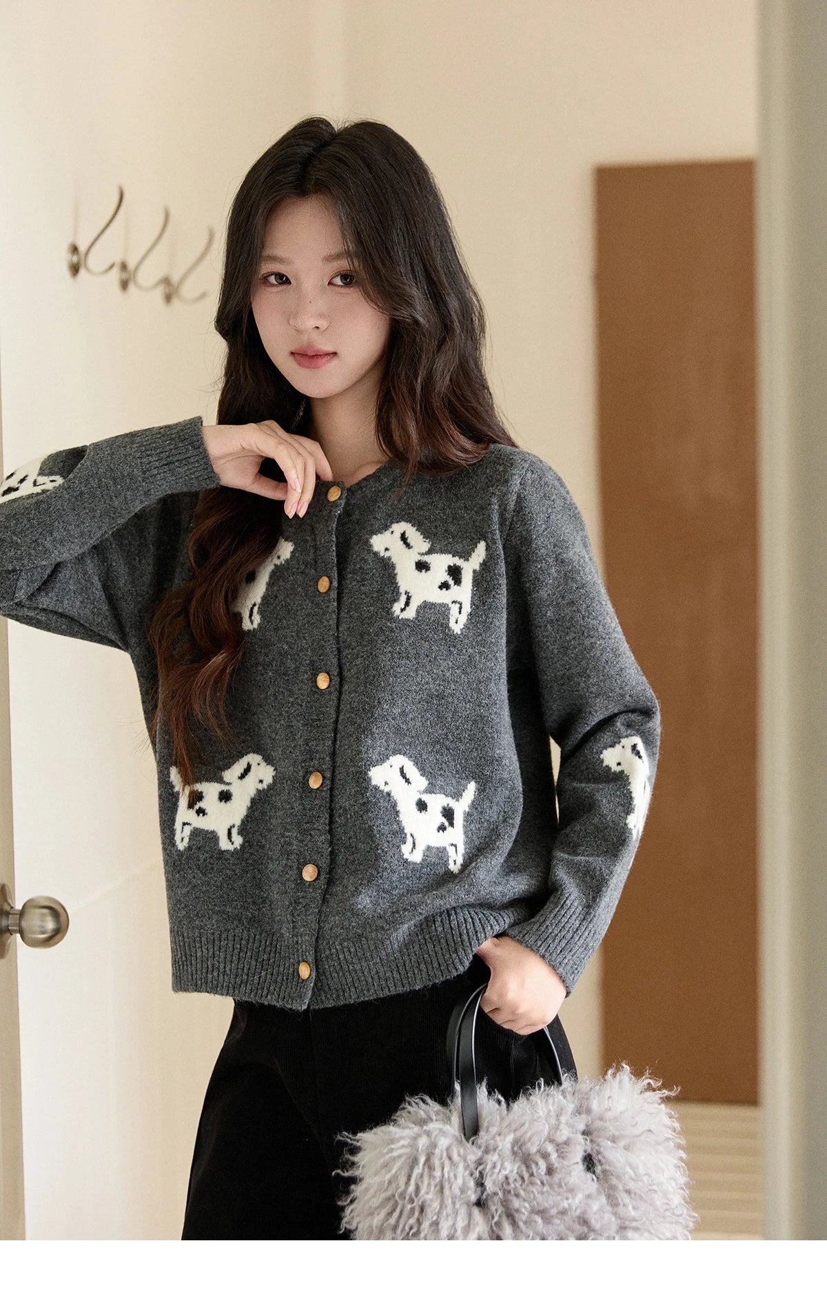 MISHOW Women's Puppy Jacquard Knit Cardigan 2025 Winter Single-breasted Crew Neck Top Warm Loose Sweaters Office Lady MXE93Z2950