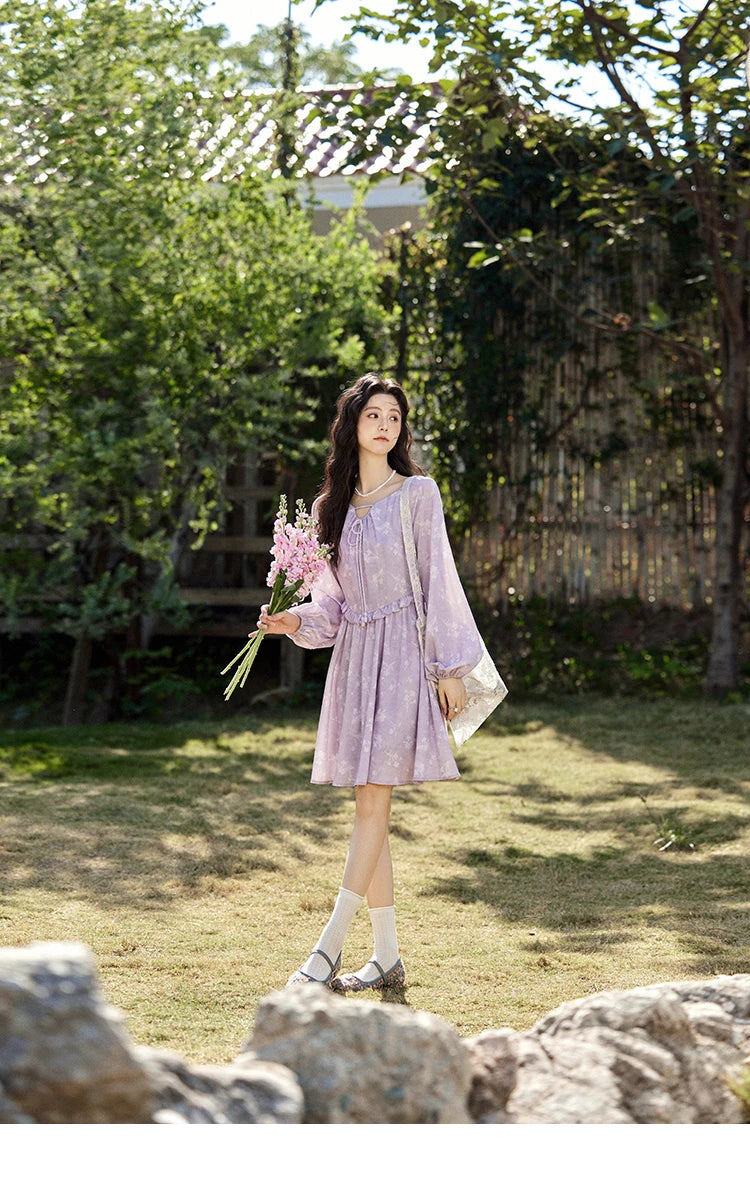 MISHOW Iris Chiffon Dress for Women Spring 2025 Waist Slim Black Fungus Edge Straps Dresses Purple Floral Fairy Dress MXE13L2095