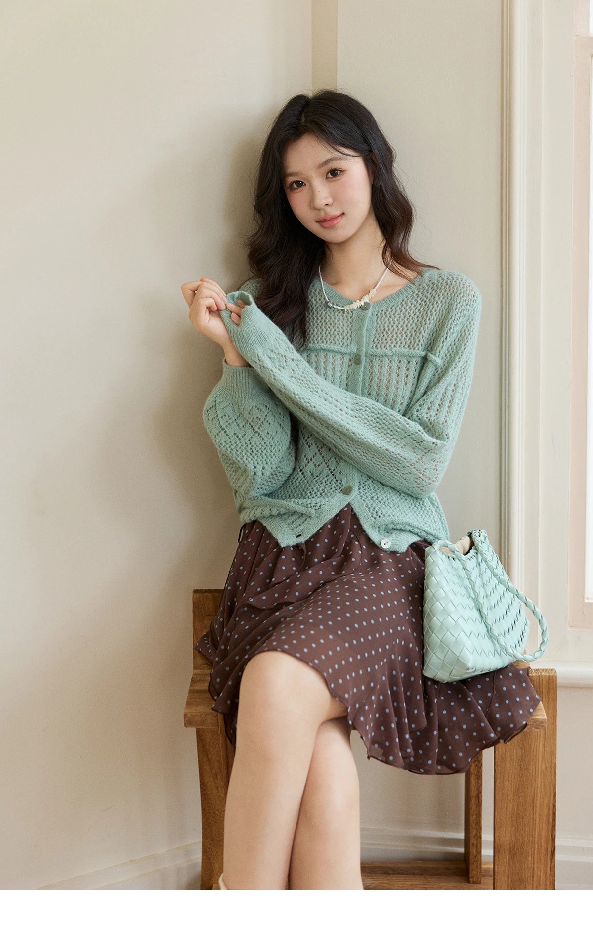 MISHOW Women's Mint Green Knitted Cardigan 2026 Spring Crew Neck Hollow Out Thin Tops Casual Loose Sheer Sweater MXF108Z1046