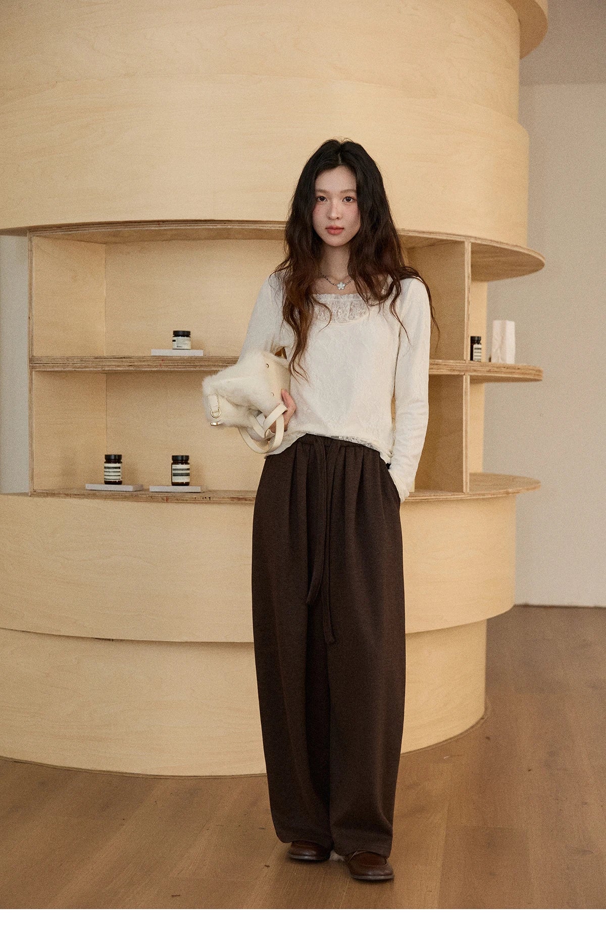 MISHOW Women Long Sleeve Tees 2025 Autumn Winter Elegant Beige Lace Patchwork Top Women Large U-neck Slim Fit Top MXE91X2514