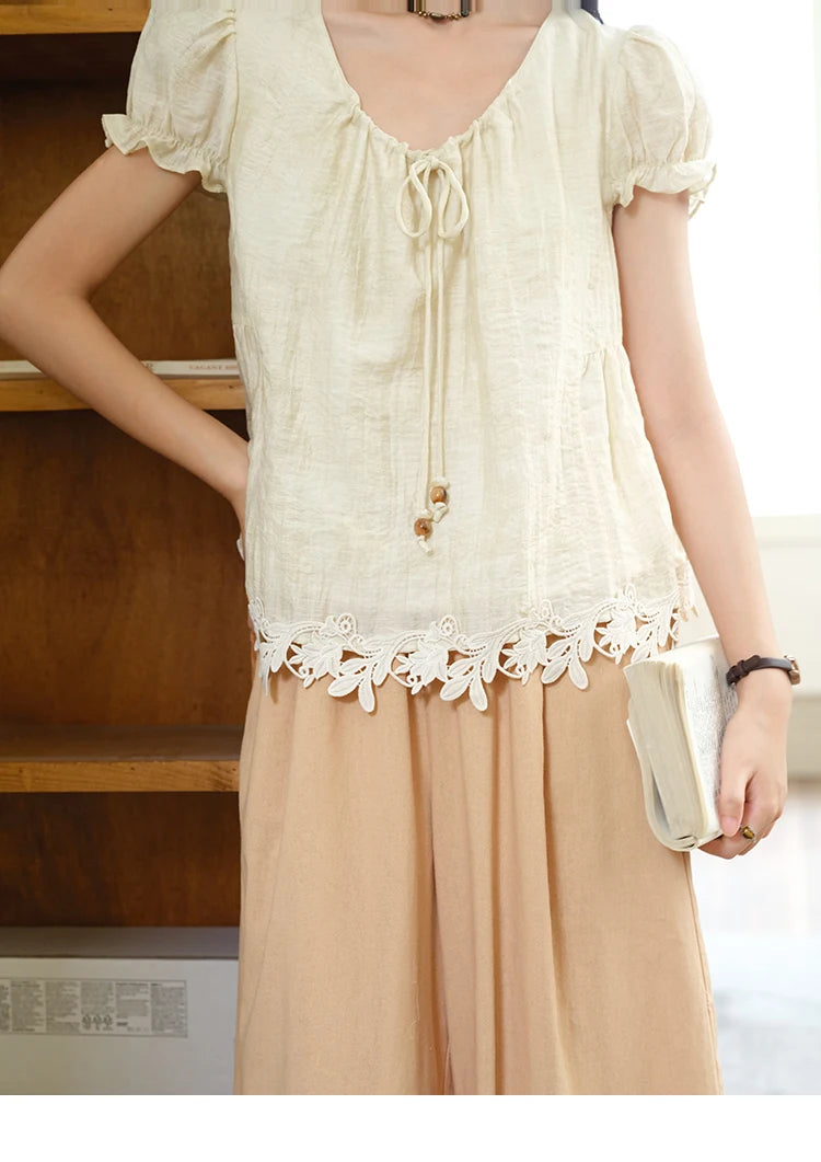 MISHOW Women's French Round Neck Lace Up Blouse 2025 Summer Embroidery Puff Sleeve Flower Spliced Commut Short Top MXE39X1956