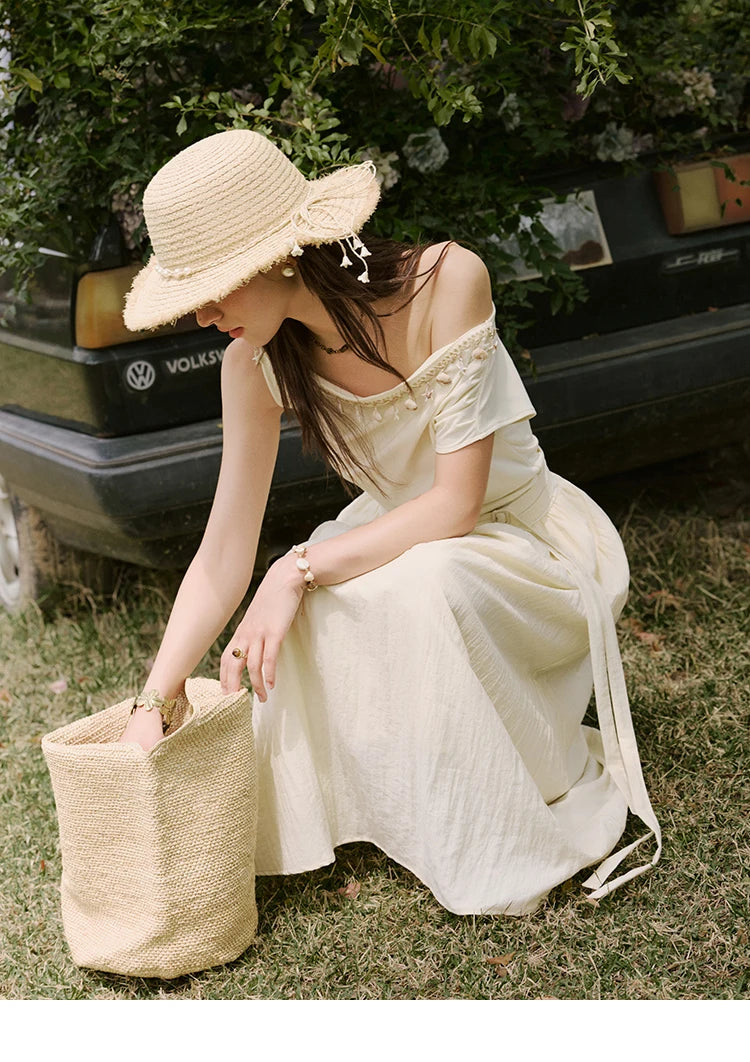 MISHOW Holiday Summer Dresses Women 2025 New Short Sleeve Shell Webbing Oblique Collar Slim Midi Dress Female Fashion MXE31L2189