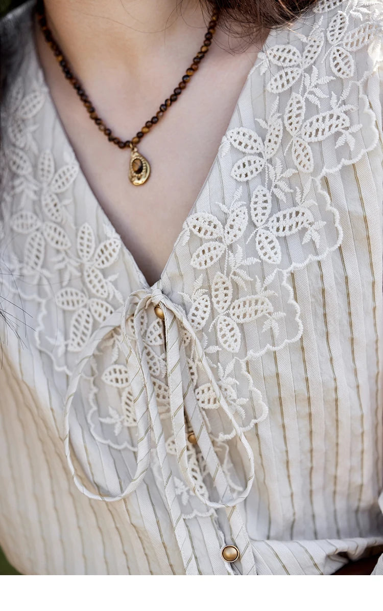 MISHOW French Retro V-neck Lace-up Striped Shirt for Women Spring 2025 Embroidered Lace Long Sleeve Top Casual Shirts MXE12X1715