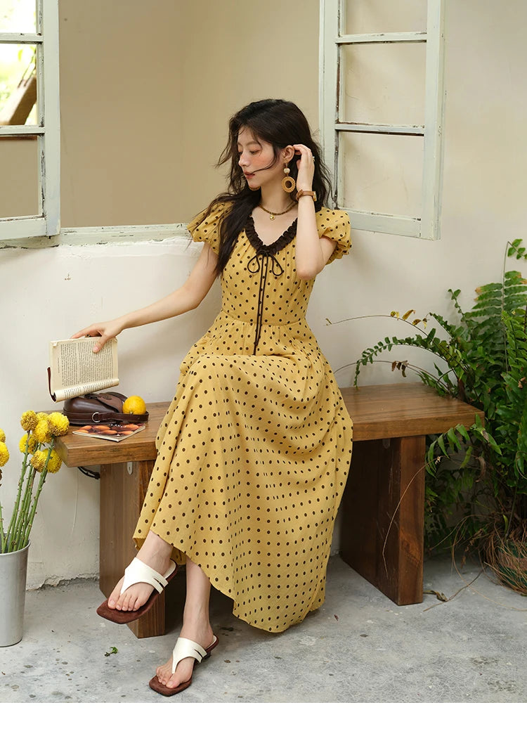 MISHOW Women's Casual Polka Dot Dress 2025 Summer New Ladies Puff Sleeve V-neck Lace Up Ruffle Edge Pocket Dresses MXE39L2326