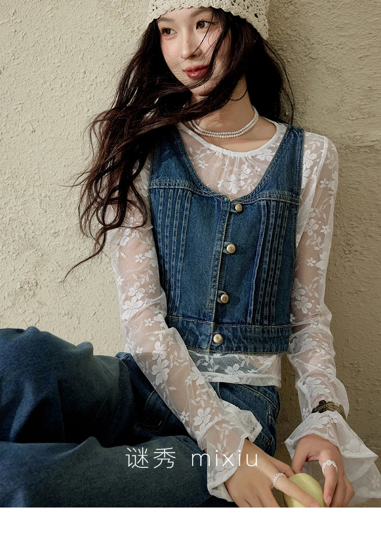 MISHOW Retro Denim Vest Coat for Women Spring Summer 2025 Deep Blue V-neck Short Versatile Outer Outfit U-neck Ccoats MXE16W0750