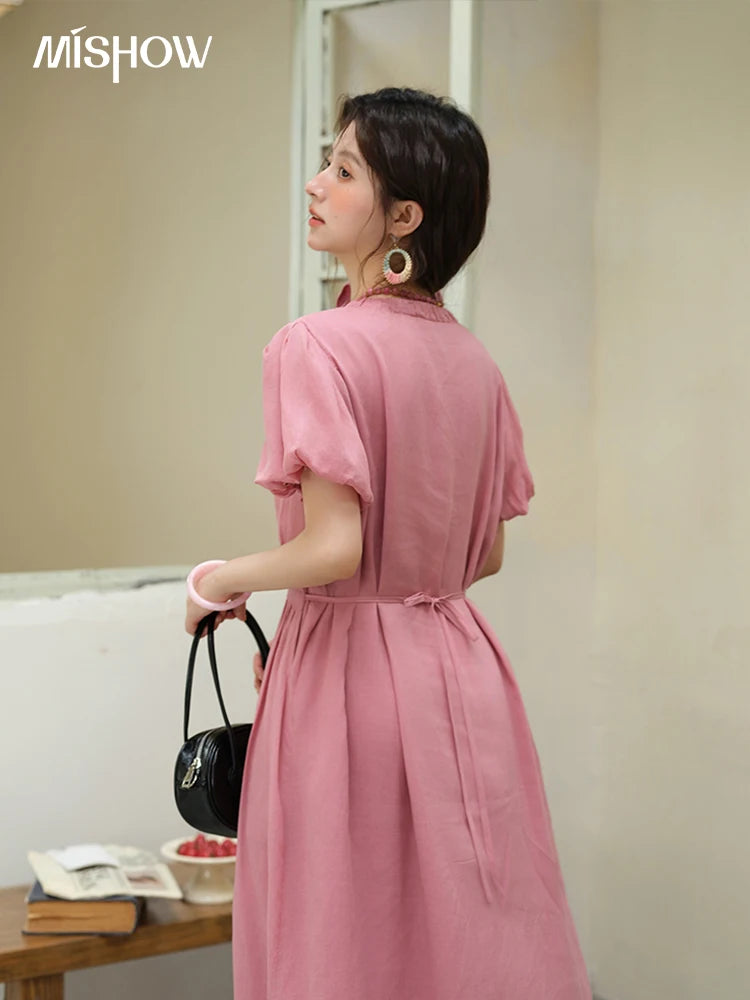 MISHOW Summer Fashion V-neck Dress Woman 2025 New Puff Sleeve Sashes Elegant Pocket Vacation Dresses Ladies Clothing MXE39L2381