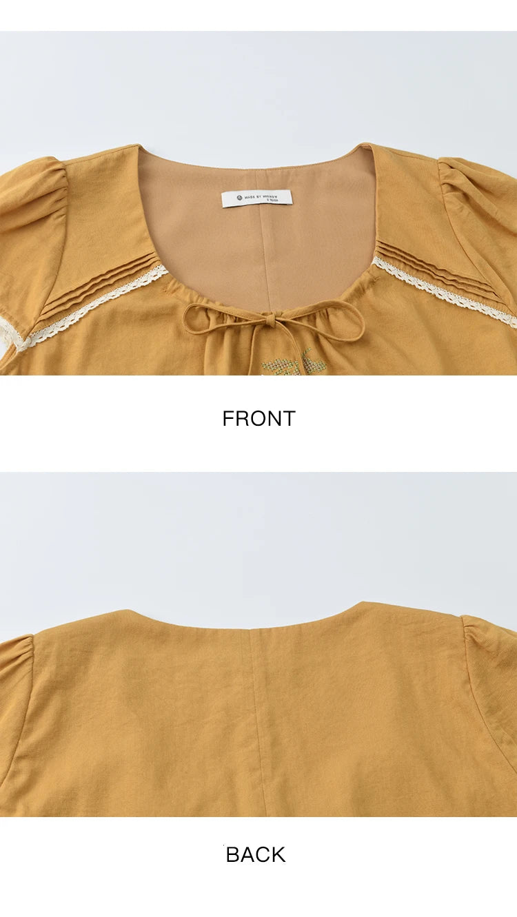 MISHOW Fashion Embroidery Flower Blouses for Woman 2025 Summer O-Neck Lace Up Flying Sleeve Lace Spliced Loose Top MXE39X1880