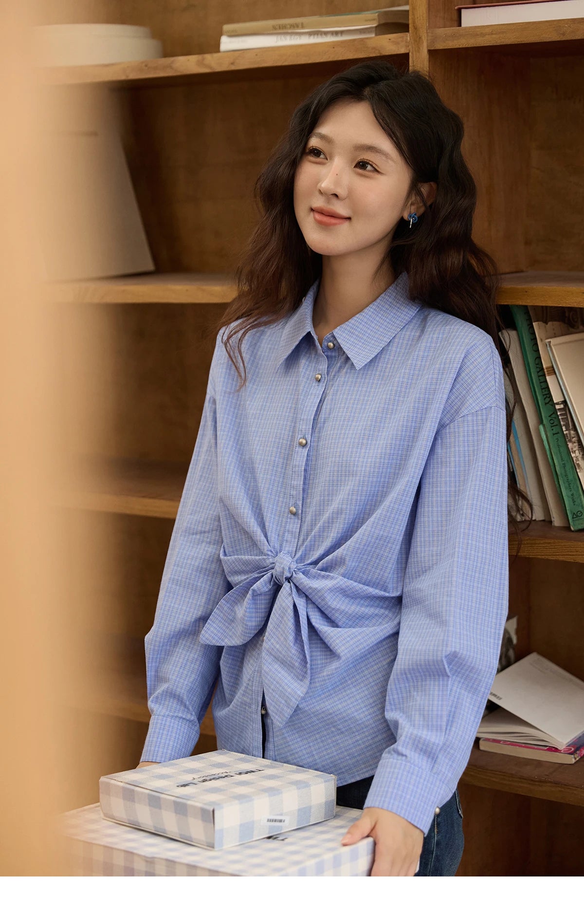 MISHOW Blue Plaid 100 Cotton Shirt Autumn 2025 Bow Tie Waist Matte Silver Butto Shirts Lapel Dropped Sleeved Tops MXE44C2395
