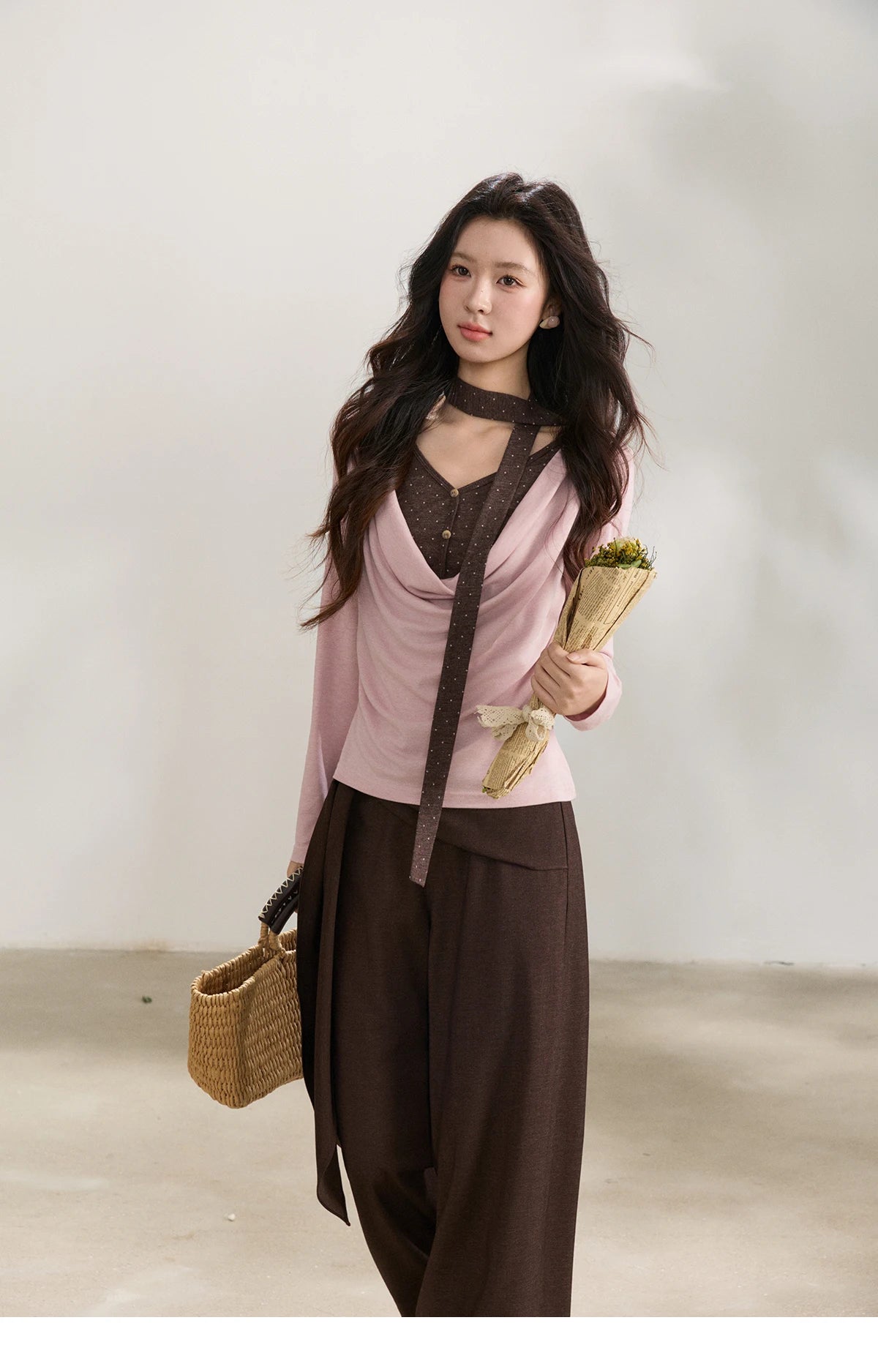 MISHOW Women's Wool Blend Fake Two Piece Draped Neck Knit Top 2026 Spring Wave Point Ribbon Contrast Color Casual Top MXF13Z2977