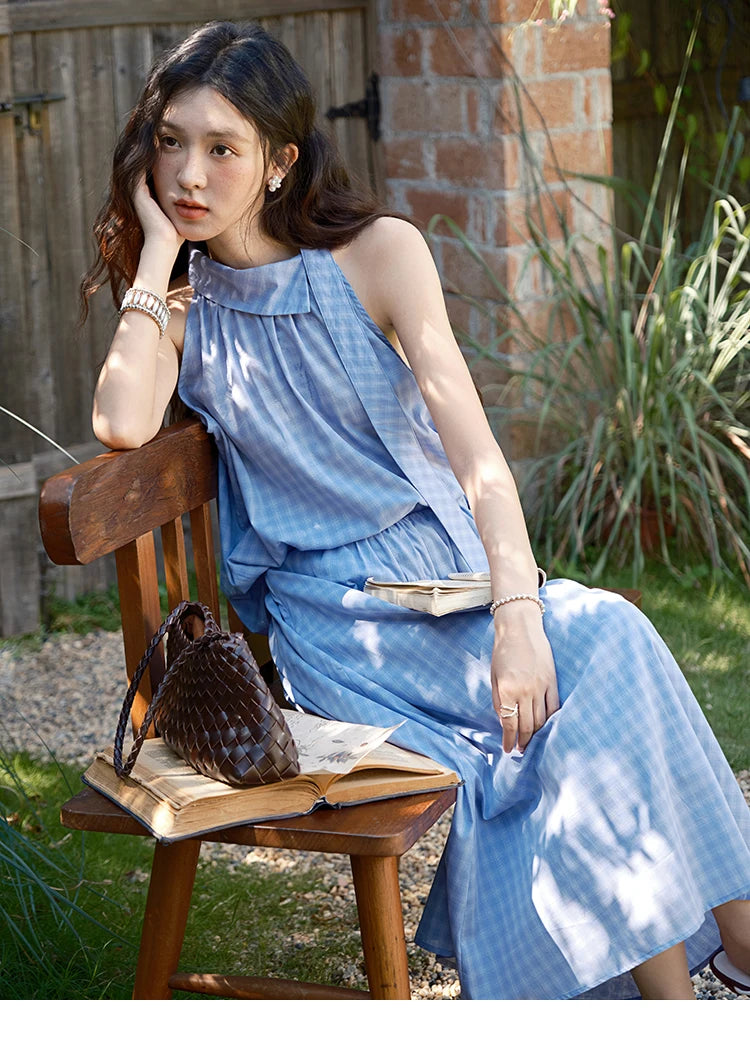 MISHOW Women's 2 Piece Set 2025 Summer Female Vacation Fashion Plaid Hanging Neck Button Top A-line Half Skirt Set MXE39T0711