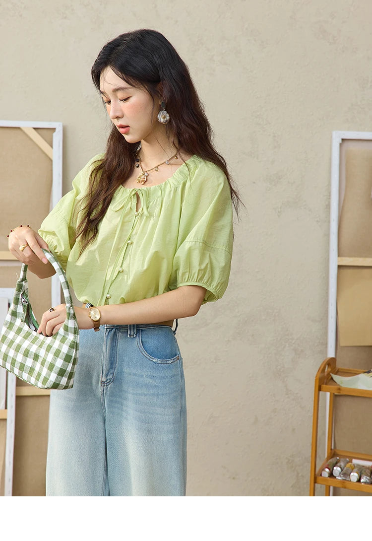 MISHOW Women's Round Neck Blouse 2025 Summer New Fashion Lace Up Puff Sleeve Casual Chiffon Top Ladies Clothing MXE36X1875