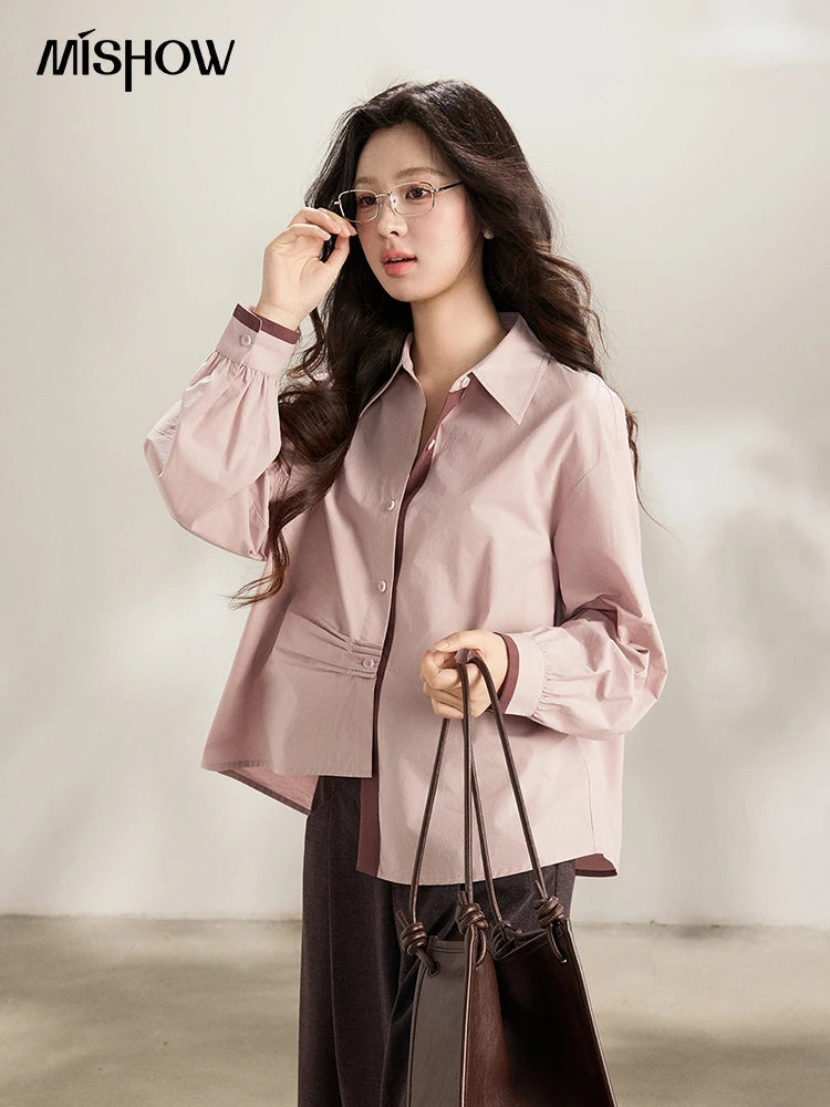 MISHOW Women's French 100 Cotton Contrasting Color Shirts Spring Polo Neck Asymmetrical Casual Commute Loose Shirt MXF13C2435