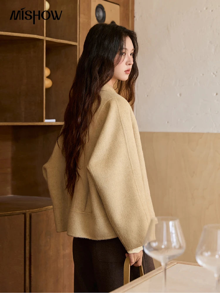 MISHOW 100%Wool Coat for Woman 2025 Winter Retro Apricot Double-faced Butterfly Button Coat Warm Long-sleeved Jacket MXE51W0887