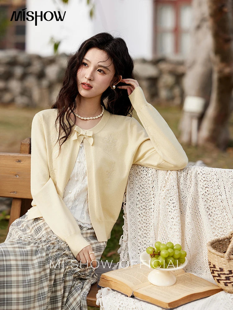 MISHOW Women's Iris Embroidery Round Neck Cardigan 2025 Spring Loose Knitted Thin Bow Design(Not Include Lace Vest)MXE13Z1142