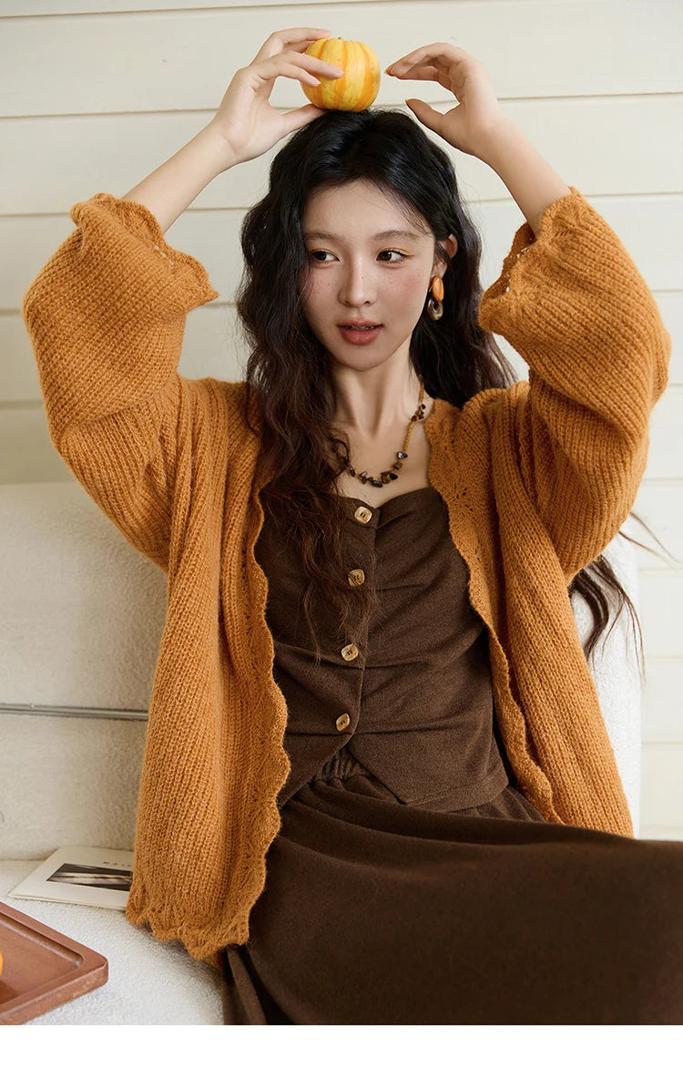 MISHOW Pumpkin Knitted Cardigan for Women Autumn 2025 Loose Wavy Edge Sweater Hollow Out Dropped Sleeves Cardigans MXE46Z2505