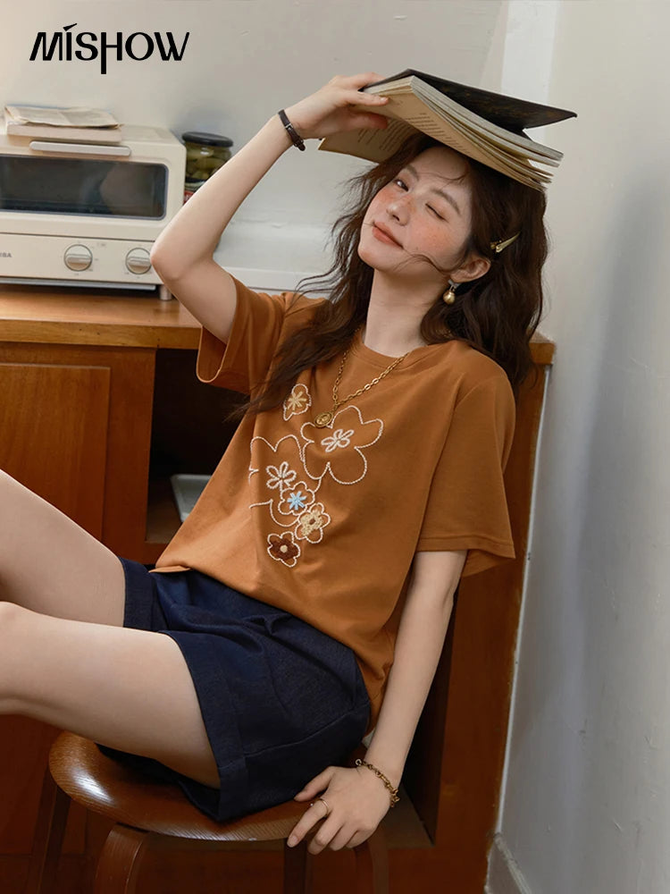 MISHOW Fashion Print T-shirt Women's 2025 Summer New O-Neck Short Sleeve Tee Casual Versatile Top Women's Clothing MXE36T0576