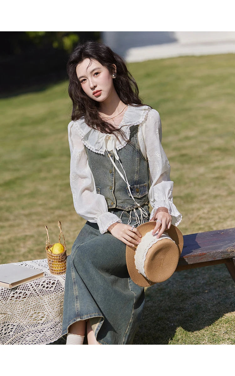 MISHOW Denim Vest Coat Midi Skirt Separately for Women Spring 2025 Korean Retro Washed Cotton Coat Slim A-line Skirt MXE13W0731