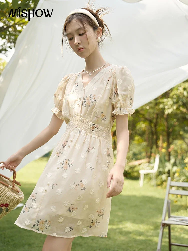 MISHOW Women's Chiffon Dress 2025 Summer French Elegant Floral Embroidered A-LINE V-Neck Sweet Knee-Length Dresses MXC38L1424