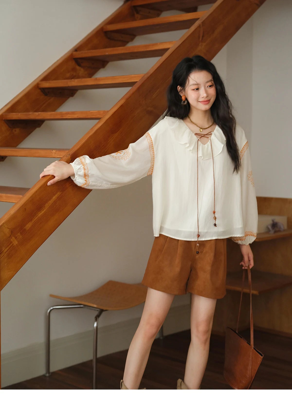 MISHOW Cashew Flower Embroidered Blouse Autumn 2025 Ruffle V-neck Lace Up Tops 100 Lyocell Lantern Sleeves Blouses MXE43X1987