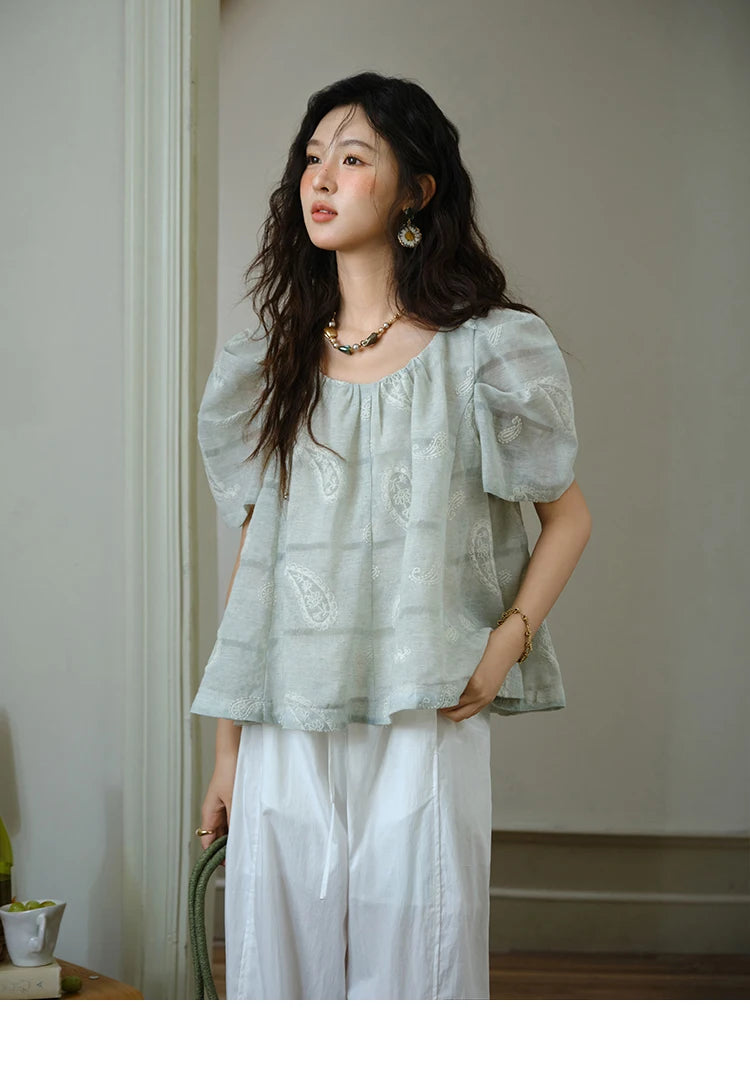 MISHOW O-Neck Blouse for Women 2025 Summer New Fashion Print Embroidery Puff Sleeve Loose Casual Top Ladies Clothing MXE34X1807